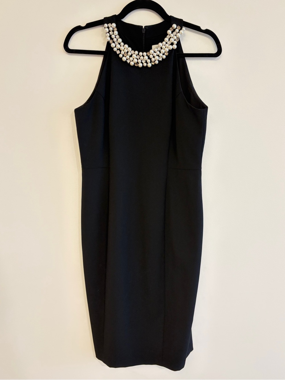 Black Eliza J Sheath Dress with Pearl and Rhinestone Neckline Size 8